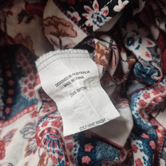 Boho Patchwork Floral Paisley Maxi Dress Vneck Tiered Puff Sleeve Red Navy Cream - Picture 12 of 12